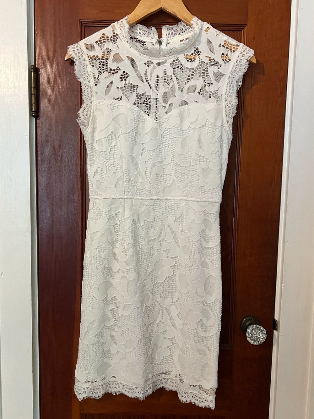 Sans Souci White Lace Wedding Bridal Sheath Dress Size Medium Elegant Cocktail - Picture 2 of 11